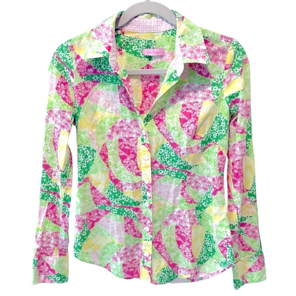 Lilly Pulitzer Jonni Blouse XS Pink Green Floral Button Down Resort Top - Picture 2 of 10